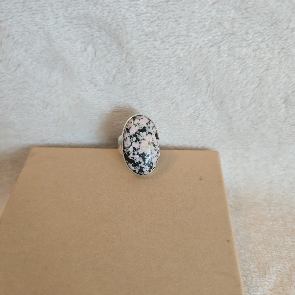 Oval Pink And Black Speckled Ring Sterling Silver Earthy Boho-chic